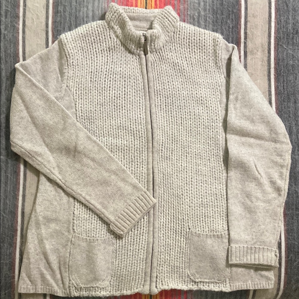Chunky Light Gray Zip Up Sweater with Textured Knit and Standing Collar